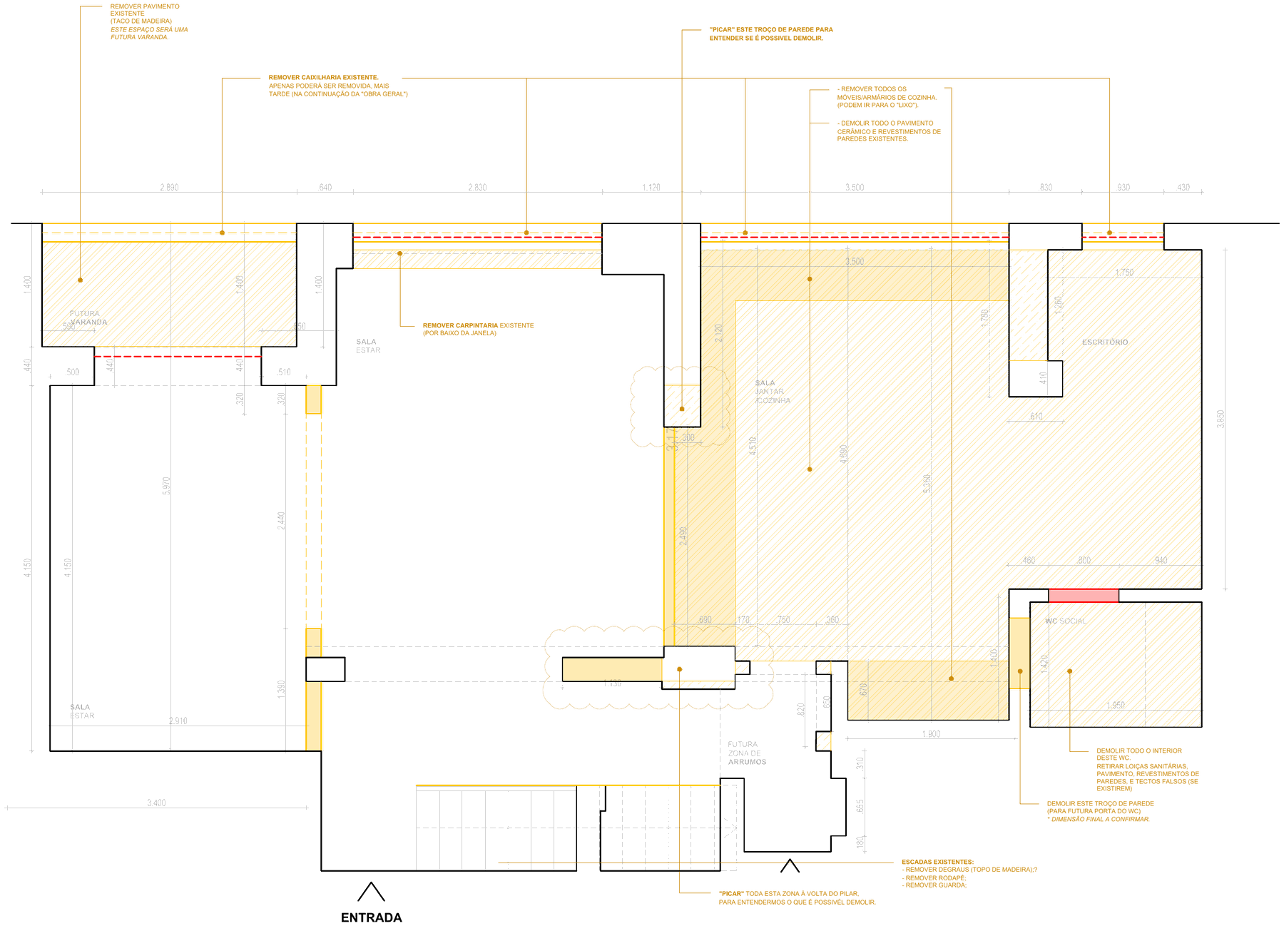 demolition plan — level 0 · yellow marks what goes