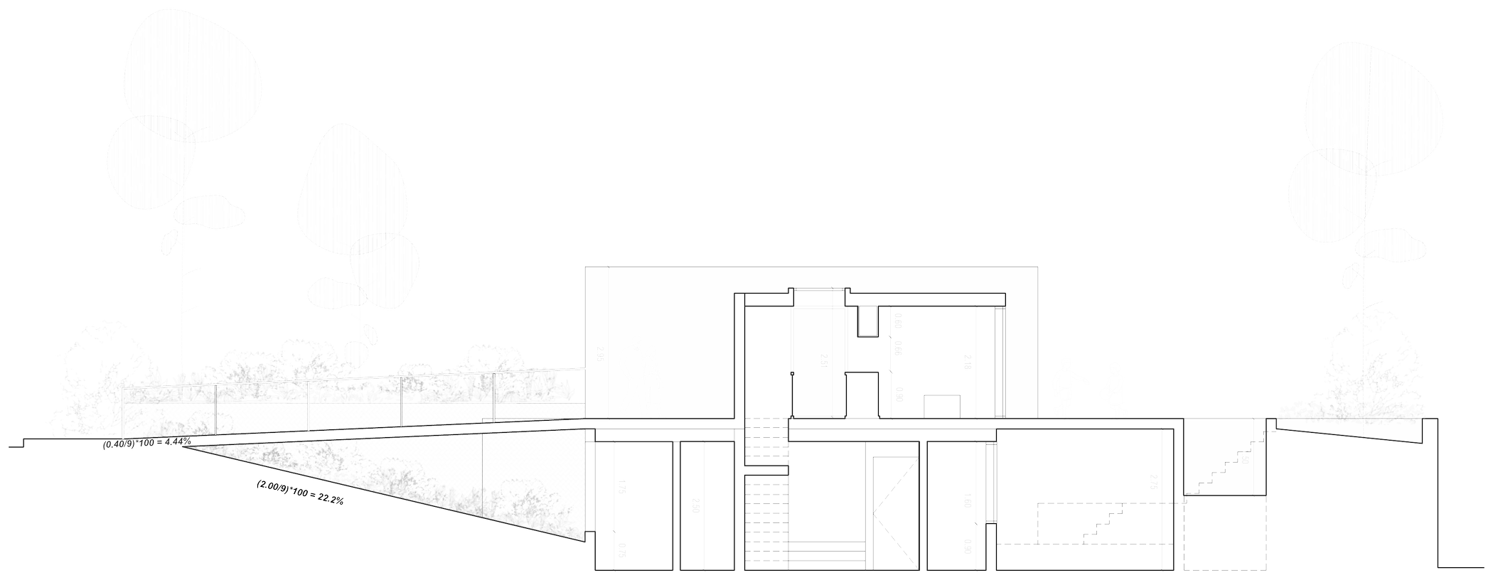 long section — the house entering the dune