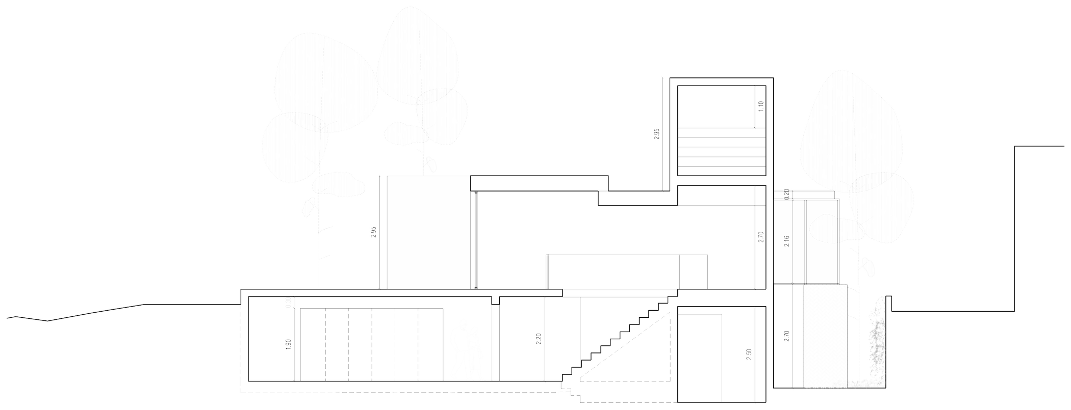 cross section — three grounds, one stair