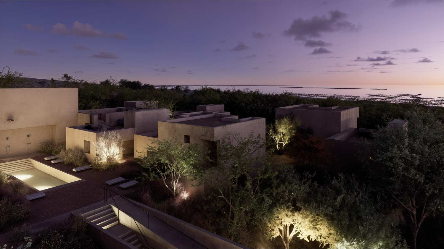 render — azala at dusk, toward the ria