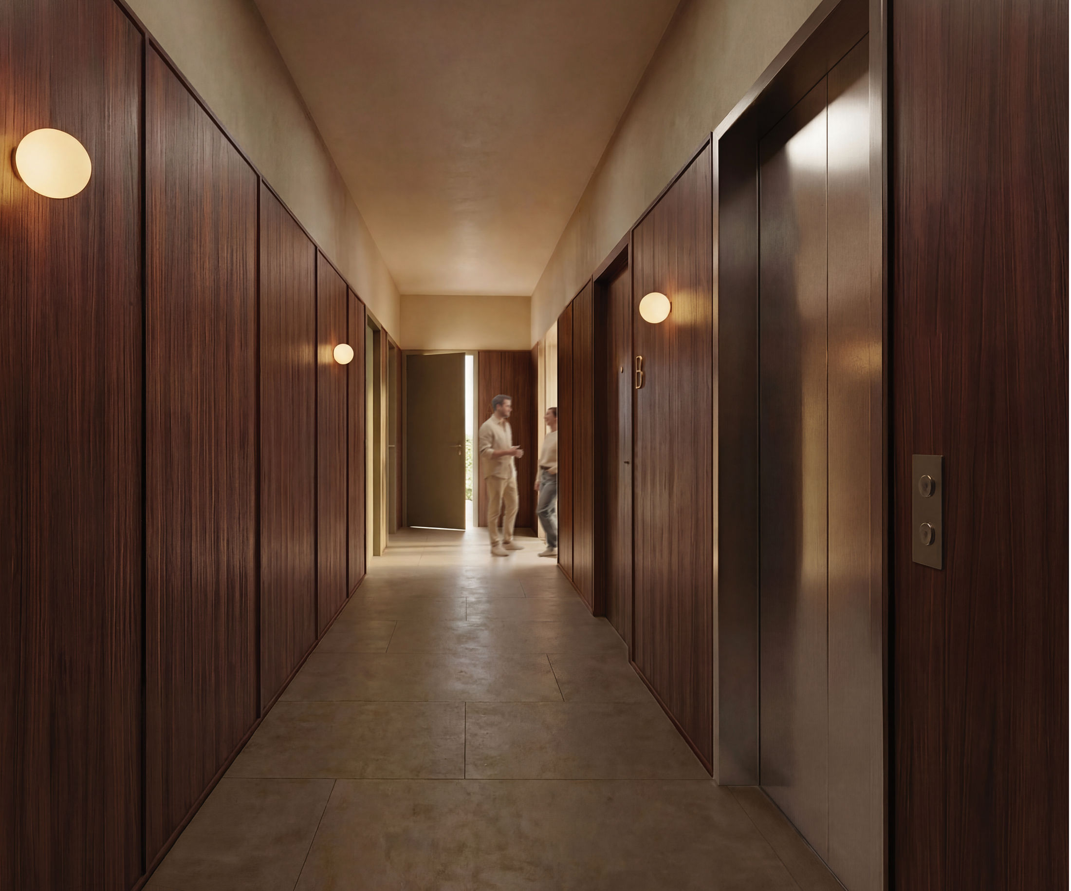 concept image — the entrance gallery, walnut and clay