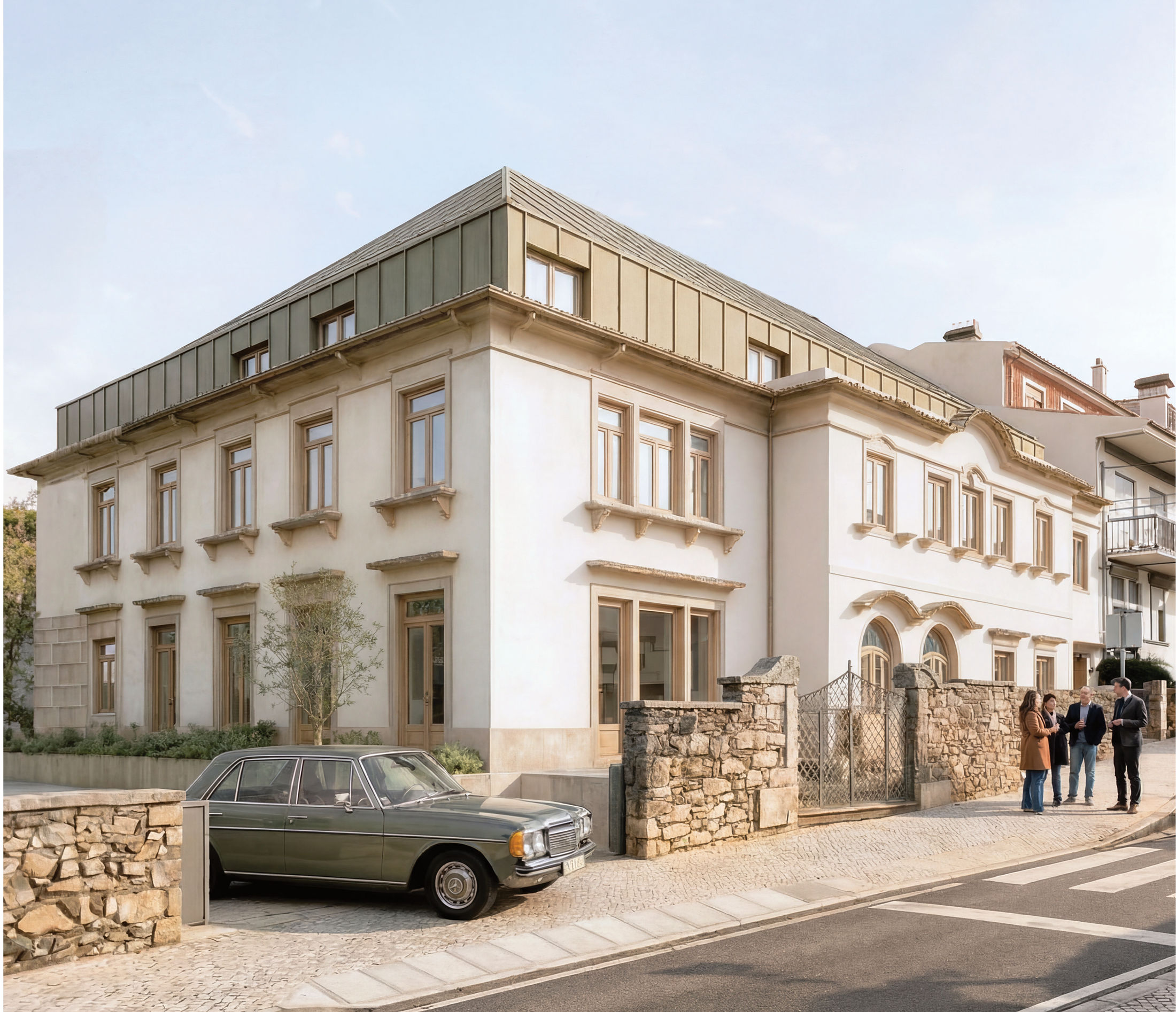 concept image — the corner at street level, the roof in champagne metal