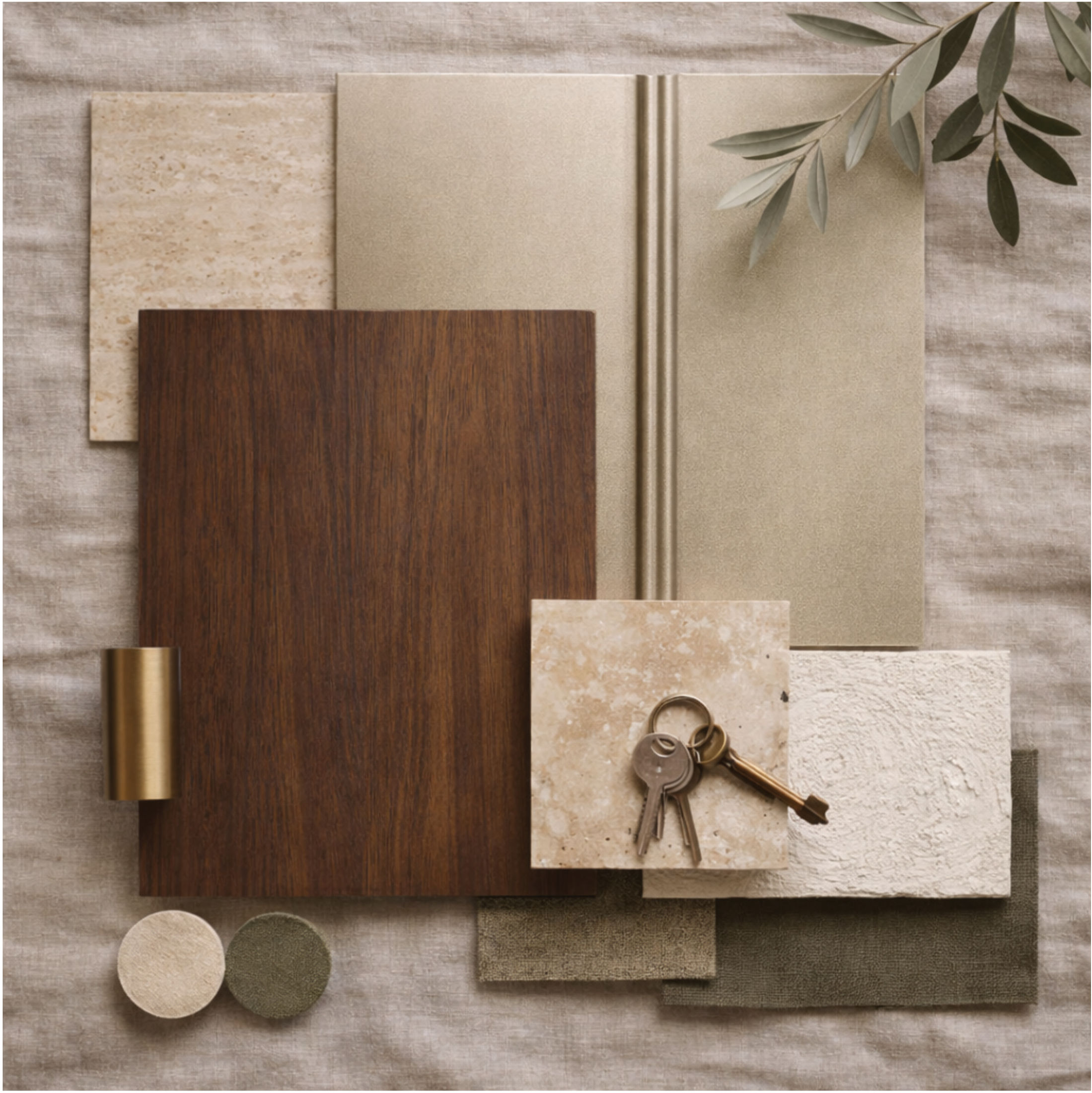 study — the palette of continuity: timber, soft stone, lime, brass
