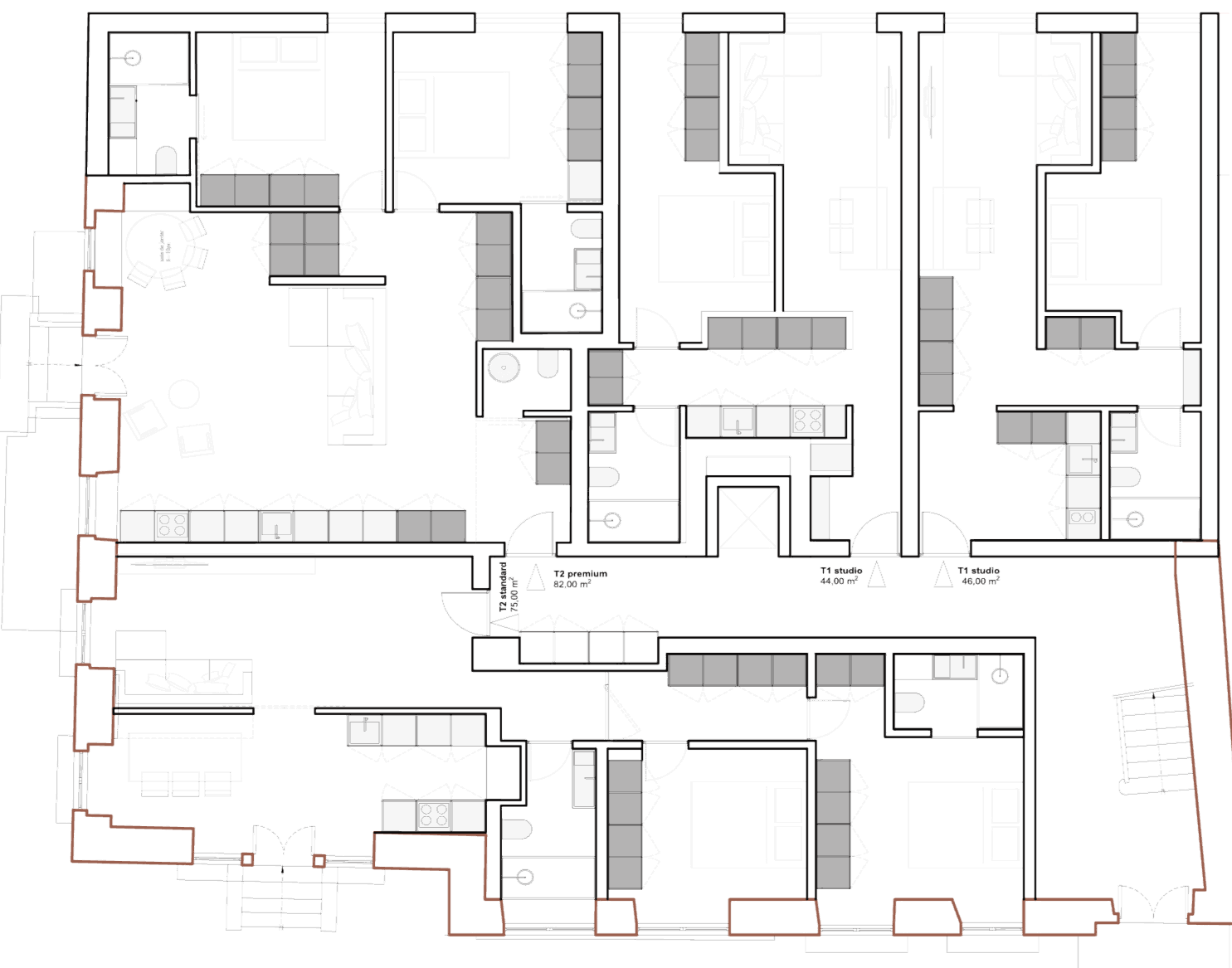 plan — ground floor · red marks the new tardoz alignment