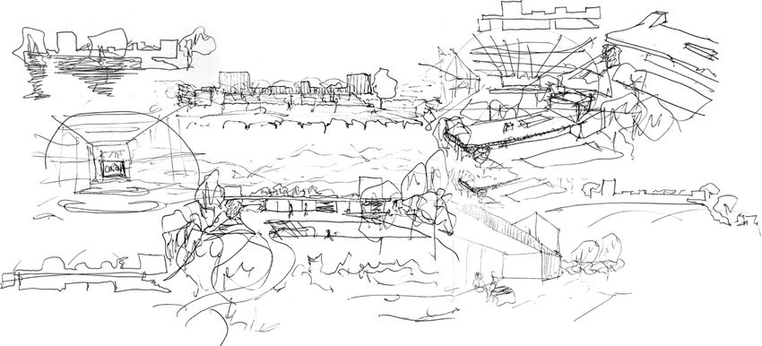 sedimentar villa — the first sketch, the houses among the rocks