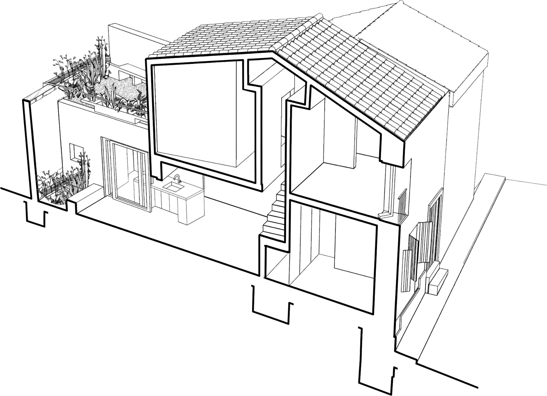 cutaway — from the street to the courtyard, from the clay floor to the sky