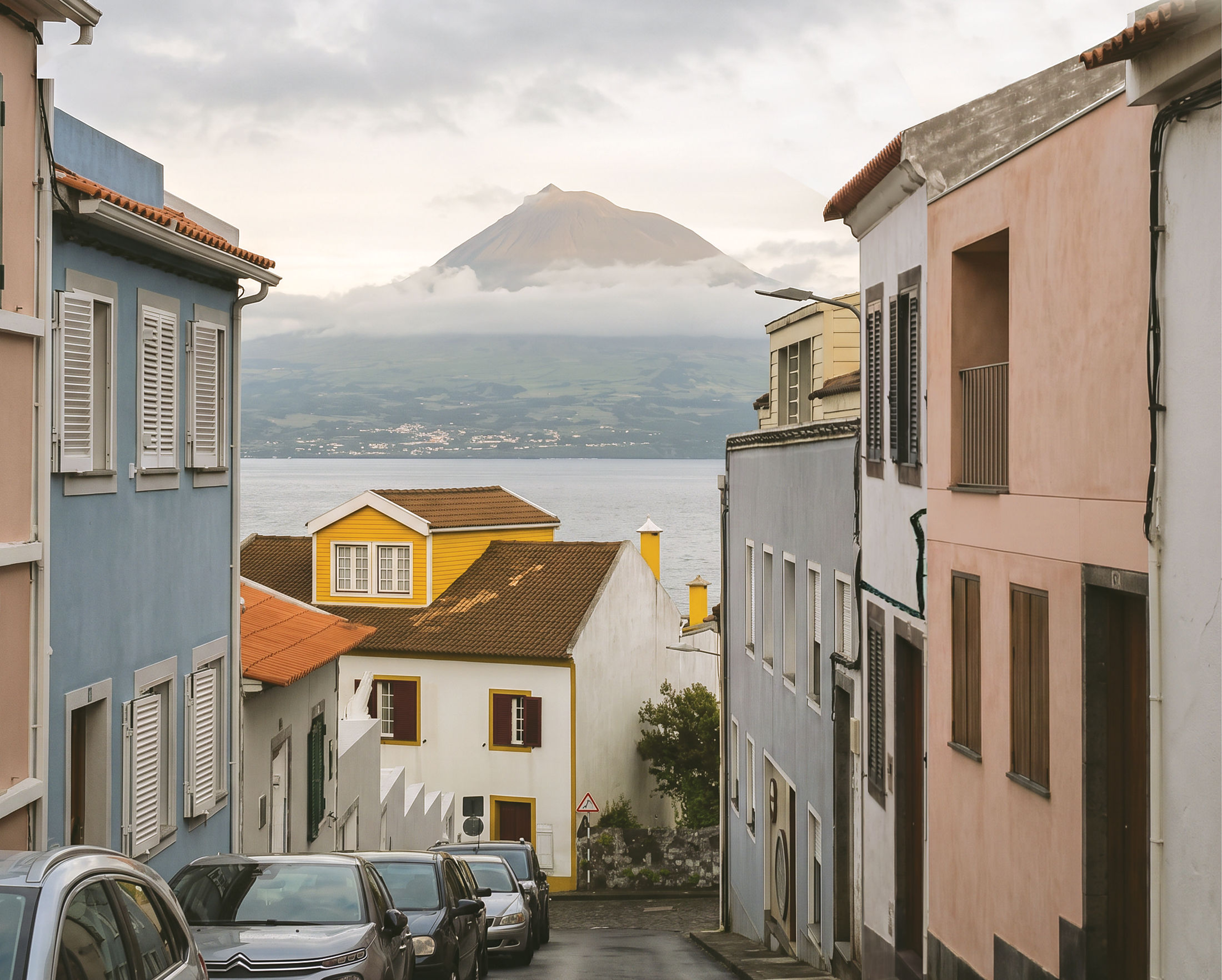 photograph — the street descending to the channel, Pico across the water