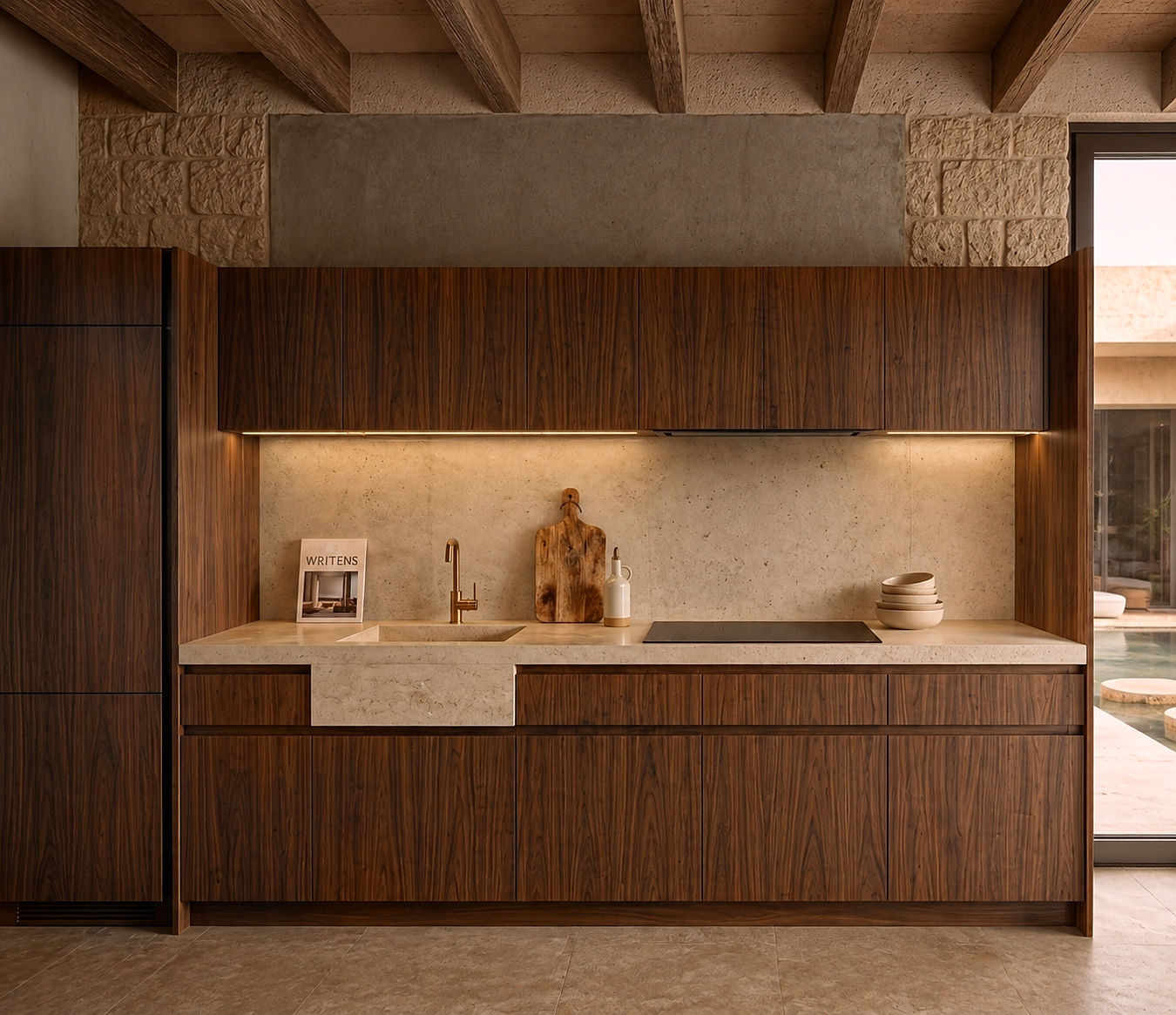 concept image — the kitchen in walnut and pale stone