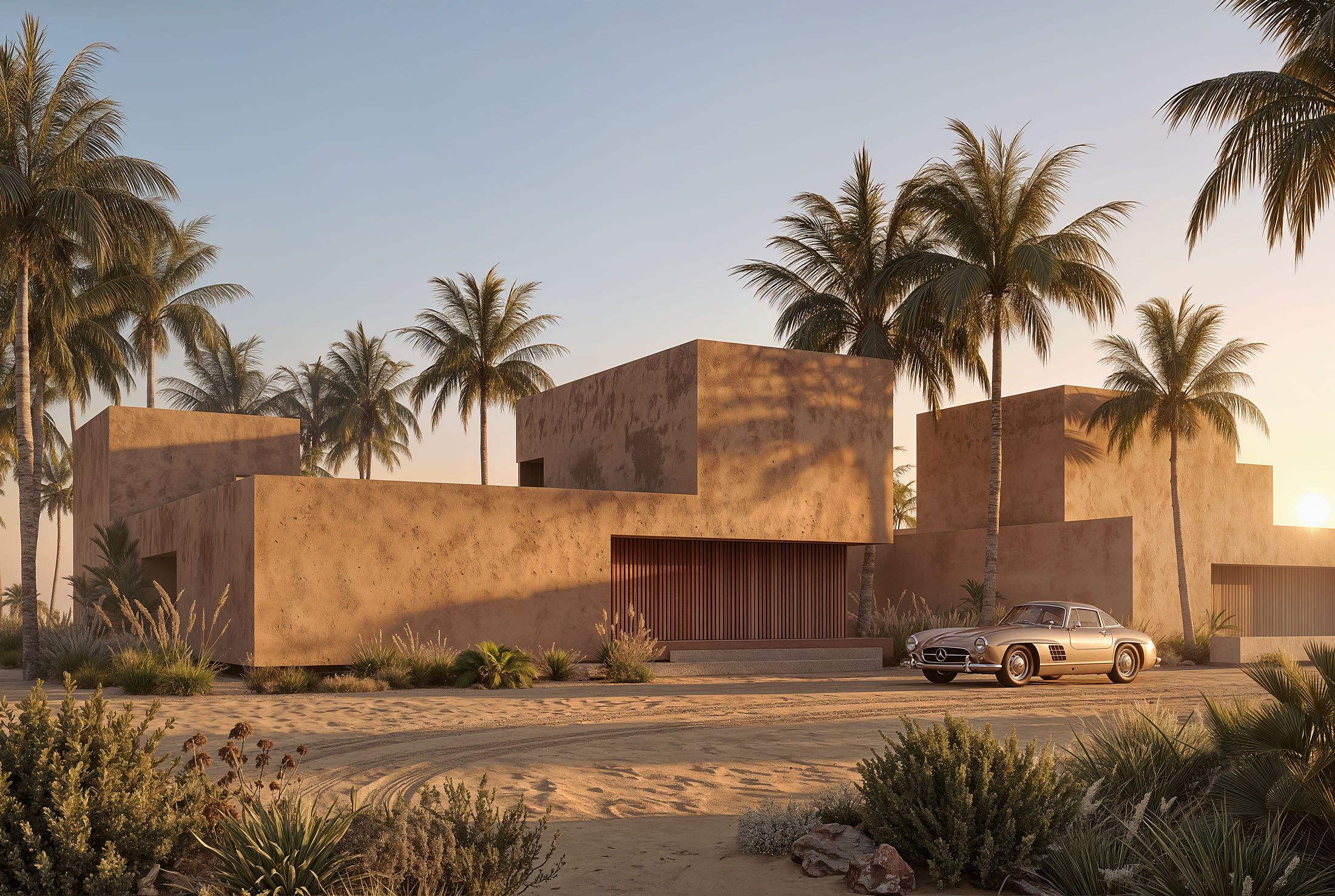 concept image — the houses in the dunes, at the end of the day