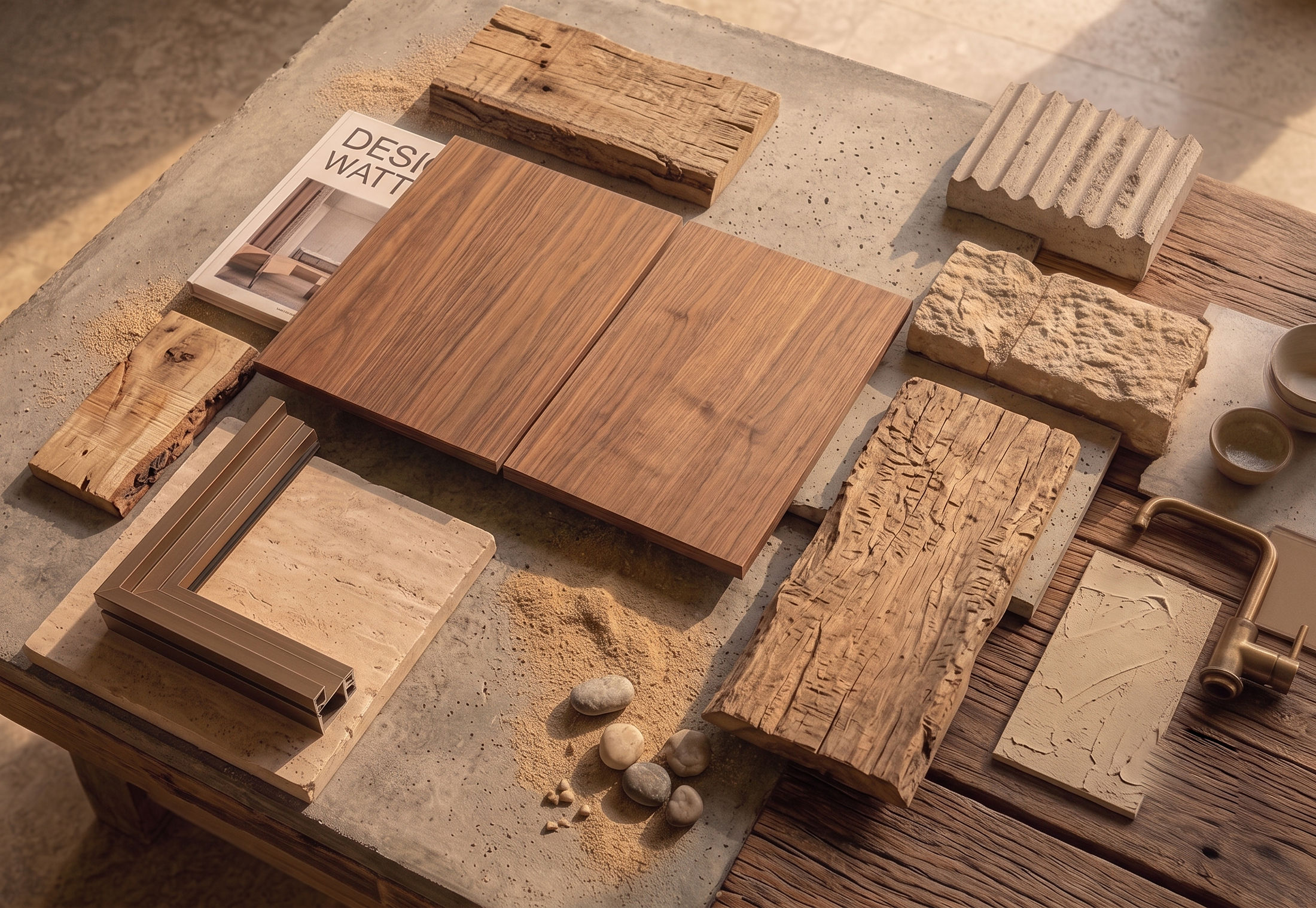 study — the palette on the table: timber, soft stone, sand