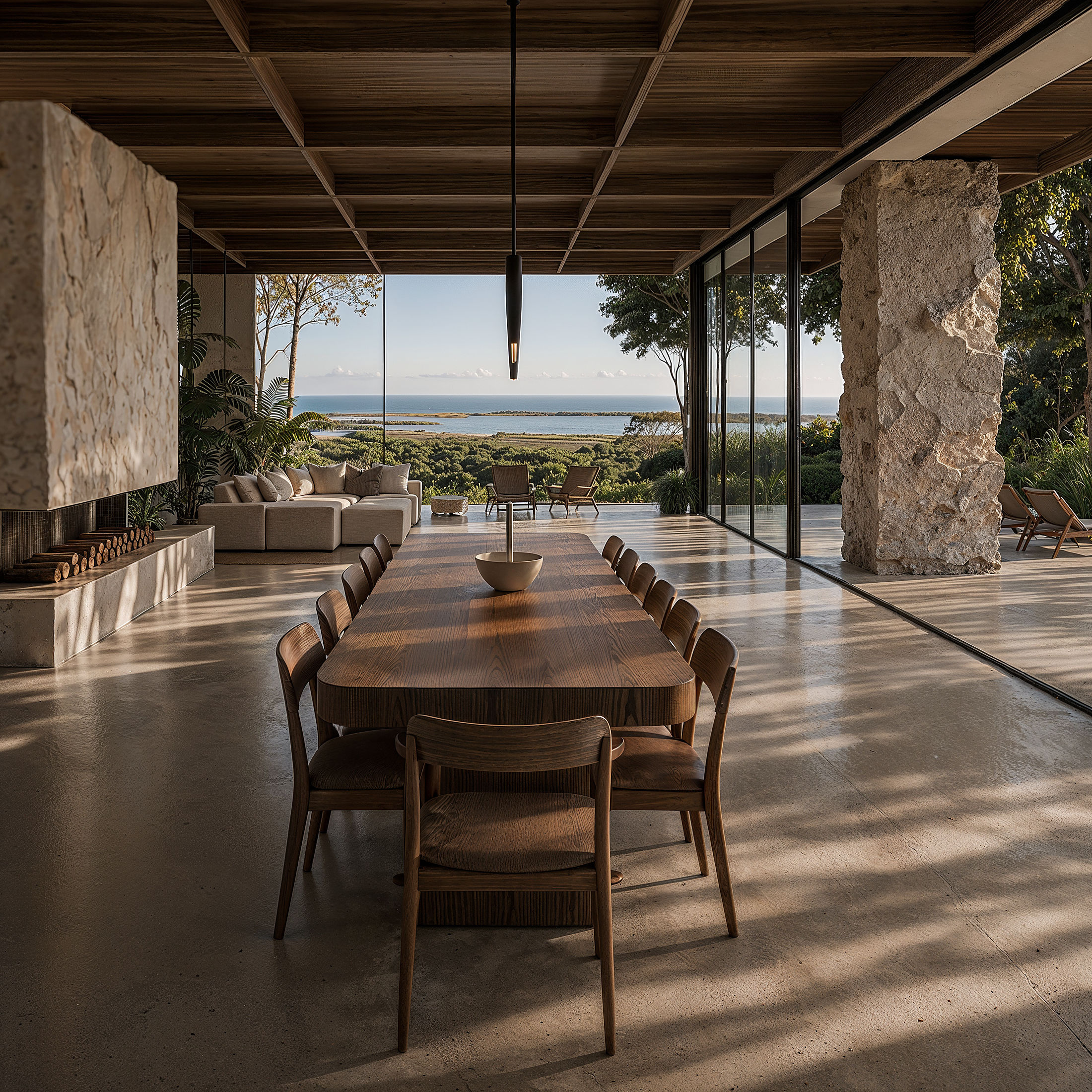 study — the dining room under the timber grid