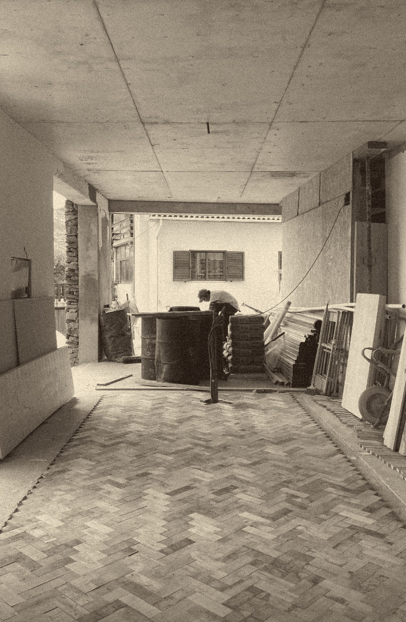 site photograph — laying the chestnut parquet